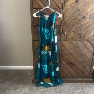 Teal Maxi Dress with Leaf Print